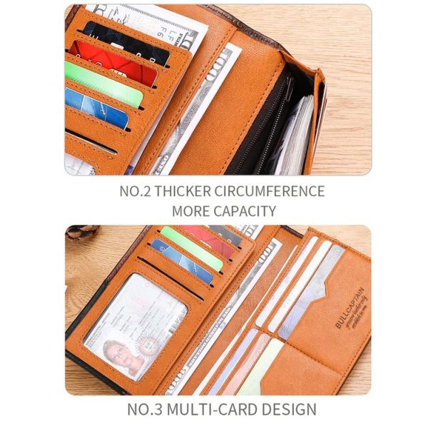 Bull Captain Men Oil Wax Leather Retro Long Wallet Cowhide Two-Fold Large-Capacity Coin Purse (Flame Coffee) - Image 4
