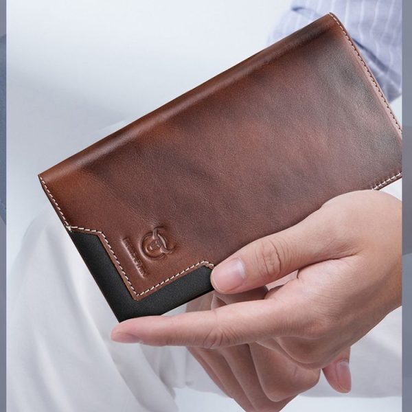 Bull Captain Men Oil Wax Leather Retro Long Wallet Cowhide Two-Fold Large-Capacity Coin Purse (Flame Coffee) - Image 5