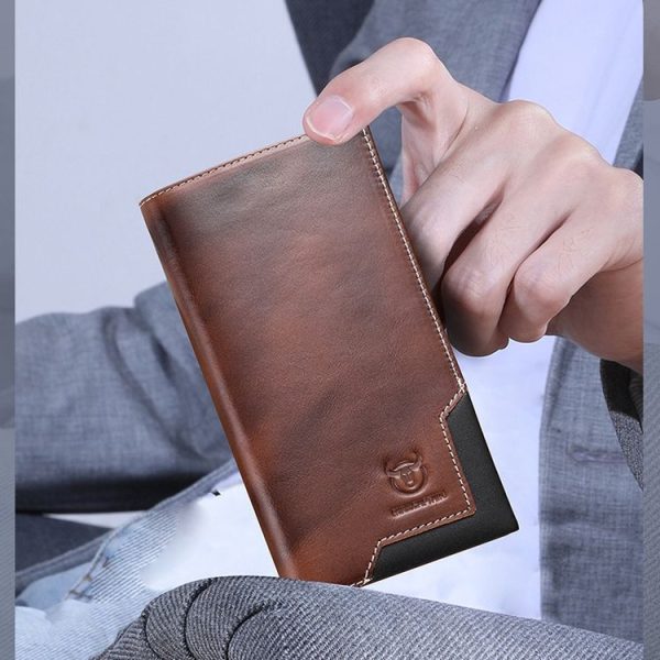 Bull Captain Men Oil Wax Leather Retro Long Wallet Cowhide Two-Fold Large-Capacity Coin Purse (Flame Coffee) - Image 6