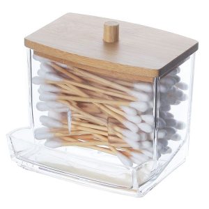Leaky Cotton Swab Organiser Acrylic Jewellery Storage Cosmetic Case (Bamboo Lid)
