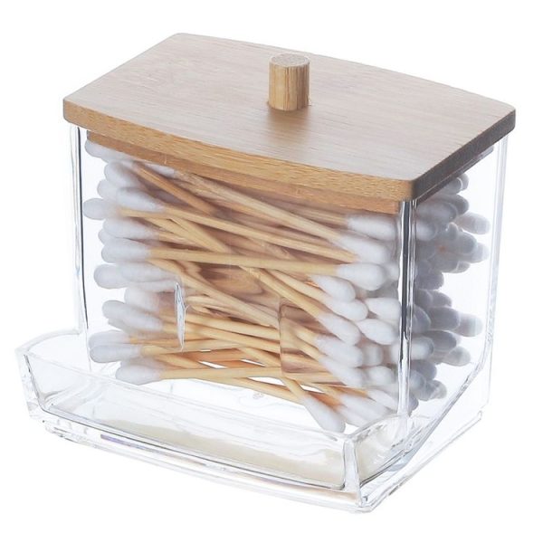 Leaky Cotton Swab Organiser Acrylic Jewellery Storage Cosmetic Case (Bamboo Lid)