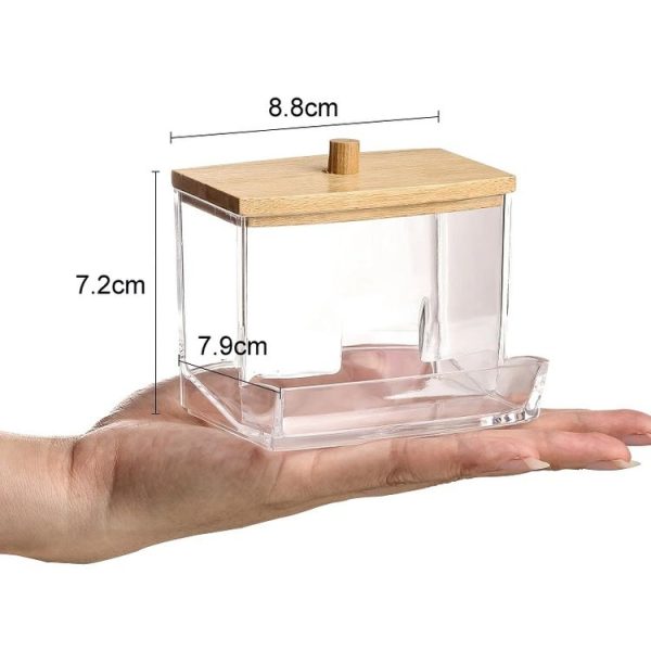Leaky Cotton Swab Organiser Acrylic Jewellery Storage Cosmetic Case (Bamboo Lid) - Image 2