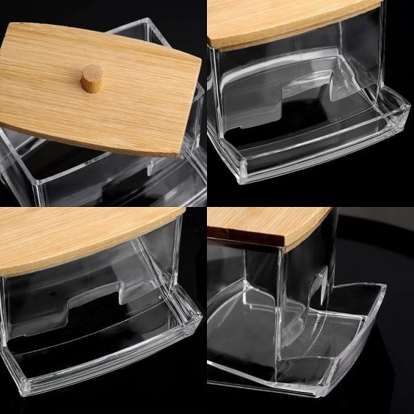 Leaky Cotton Swab Organiser Acrylic Jewellery Storage Cosmetic Case (Bamboo Lid) - Image 4