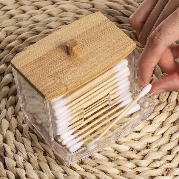 Leaky Cotton Swab Organiser Acrylic Jewellery Storage Cosmetic Case (Bamboo Lid) - Image 5