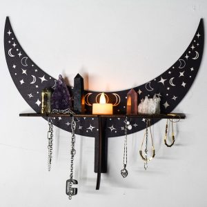Crescent-shaped Wooden Storage Rack Wall Hanger Candlestick Rack Home Decoration (Black)
