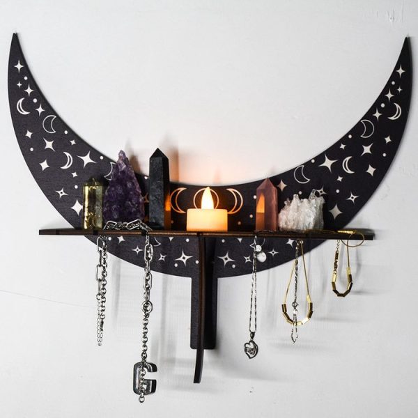 Crescent-shaped Wooden Storage Rack Wall Hanger Candlestick Rack Home Decoration (Black)