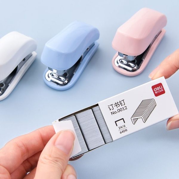 Deli Macaron Color Stapler + 640 Staples Set Small Mini Stapler Stationery (Blue) - Image 4