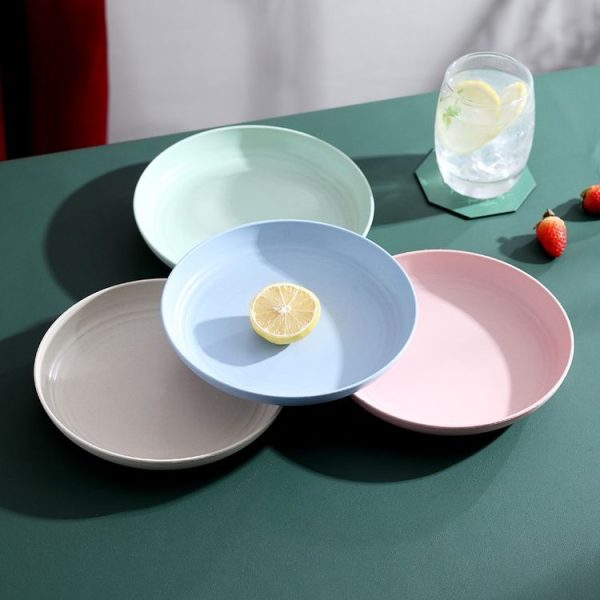 8 inch Wheat Straw Circular Home Vegetable Dish Portable Outdoor Plastic Anti -Fall Fruit Breakfast Plate (Beige) - Image 2
