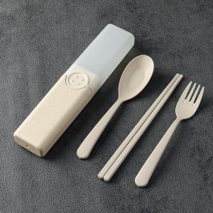 4 In 1 Portable Wheat Straw Tableware Set Outdoor Travel Storage Tableware Box, Style: A With Chopsticks (Beige)