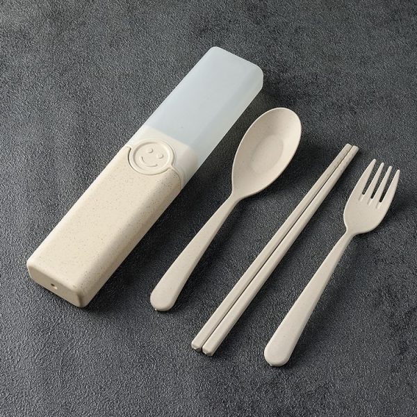 4 In 1 Portable Wheat Straw Tableware Set Outdoor Travel Storage Tableware Box, Style: A With Chopsticks (Beige)