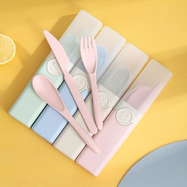 4 In 1 Portable Wheat Straw Tableware Set Outdoor Travel Storage Tableware Box, Style: A With Chopsticks (Beige) - Image 2