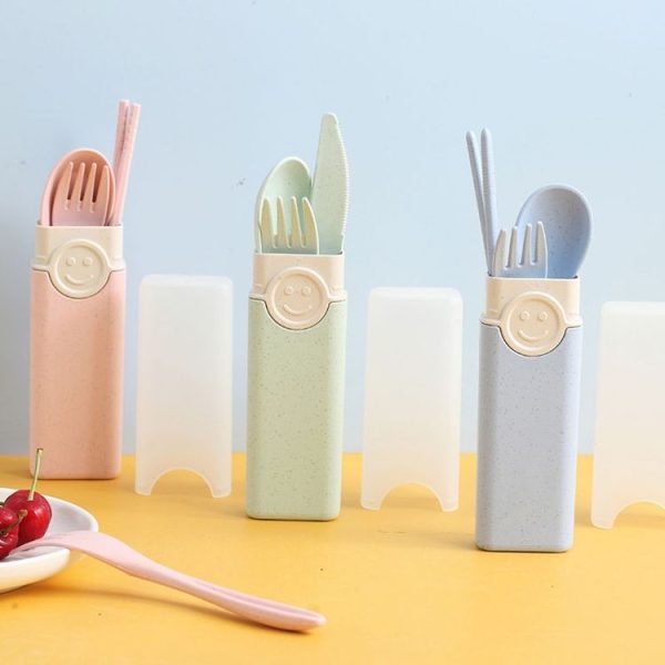 4 In 1 Portable Wheat Straw Tableware Set Outdoor Travel Storage Tableware Box, Style: A With Chopsticks (Beige) - Image 3