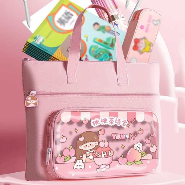 Waterproof Canvas Homework File Storage Bag Student Hand Carrying Book Bag (Strawberry Pie) - Image 7