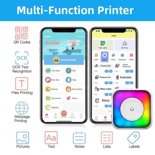 RGB Light Portable Mini Bluetooth Printer Inkless Document Label Printer with 1-Roll Paper - Image 5