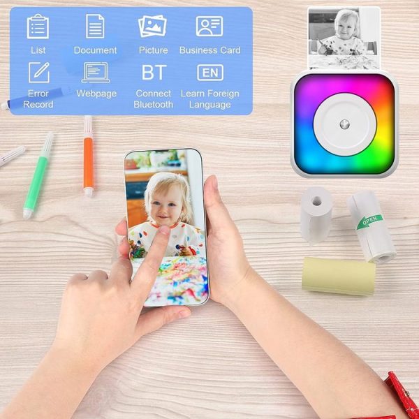 RGB Light Portable Mini Bluetooth Printer Inkless Document Label Printer with 1-Roll Paper - Image 8