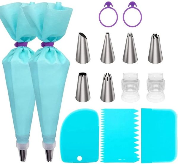 15 In 1 Silicone Icing Piping Cream Pastry Bag Stainless Steel Cake Nozzle Set (Blue)