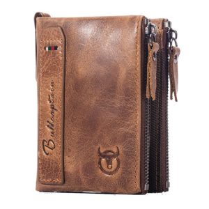 BULL CAPTAIN QB06 Retro First-layer Cowhide Anti-theft Zipper Wallet Short Drive License Coin Clip (Brown)
