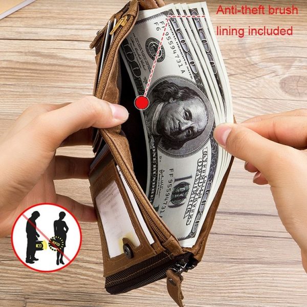 BULL CAPTAIN QB06 Retro First-layer Cowhide Anti-theft Zipper Wallet Short Drive License Coin Clip (Brown) - Image 10