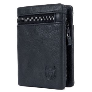 BULL CAPTAIN 03 Large-capacity Folding Multi-card Slot Cowhide Zipper Wallet Coin Clip (Black)