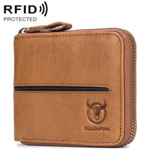 BULL CAPTAIN 042 RFID Anti-theft Cowhide Multi-card Slot Business Card Holder Zipper Wallet (Yellow Brown)