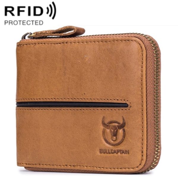 BULL CAPTAIN 042 RFID Anti-theft Cowhide Multi-card Slot Business Card Holder Zipper Wallet (Yellow Brown)