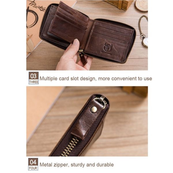 BULL CAPTAIN 042 RFID Anti-theft Cowhide Multi-card Slot Business Card Holder Zipper Wallet (Yellow Brown) - Image 5