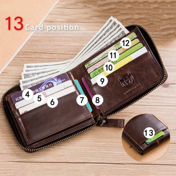 BULL CAPTAIN 042 RFID Anti-theft Cowhide Multi-card Slot Business Card Holder Zipper Wallet (Yellow Brown) - Image 6
