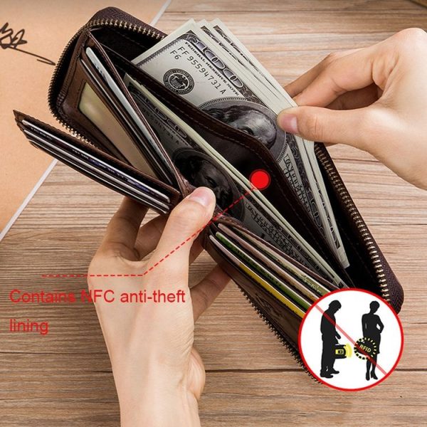 BULL CAPTAIN 042 RFID Anti-theft Cowhide Multi-card Slot Business Card Holder Zipper Wallet (Yellow Brown) - Image 7