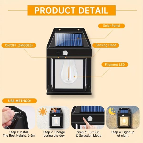 Solar Outdoor Tungsten Wall Light 3 Modes Body Sensing Waterproof Garden Villa Night Light, Spec: Regular Black - Image 5