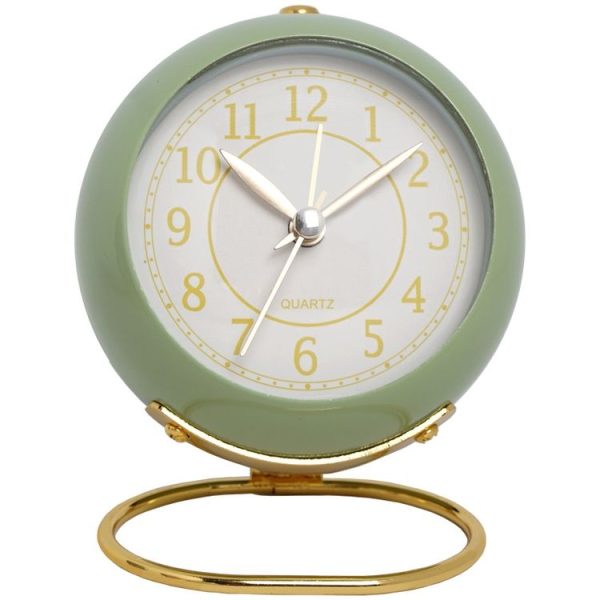 Round Metal Clock Silent Children Electronic Alarm Clock with Light (Green)