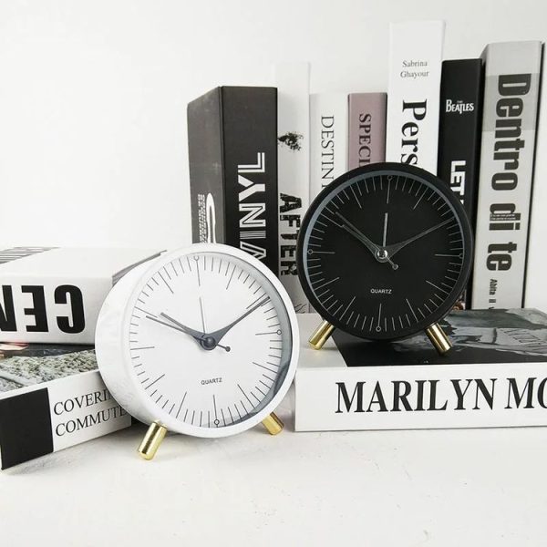 Metal Quartz Alarm Clock Simple Silent Desktop Round Pointer Living Room Clock (White) - Image 6