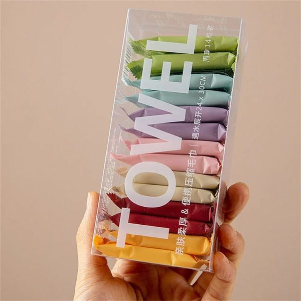 14pcs / Box Disposable Compressed Towel Portable Travel Washcloth Thickened Face Wipe Towel (Macaron Color)