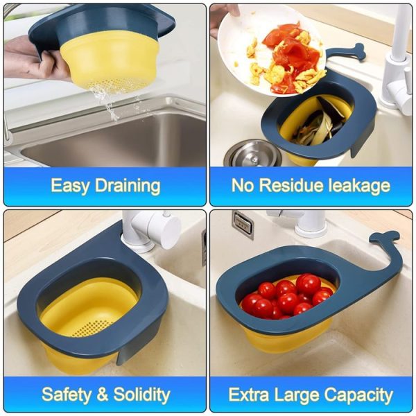 Multifunctional Whale-shaped Foldable Kitchen Fruit and Vegetable Draining Basket (Yellow Blue) - Image 7