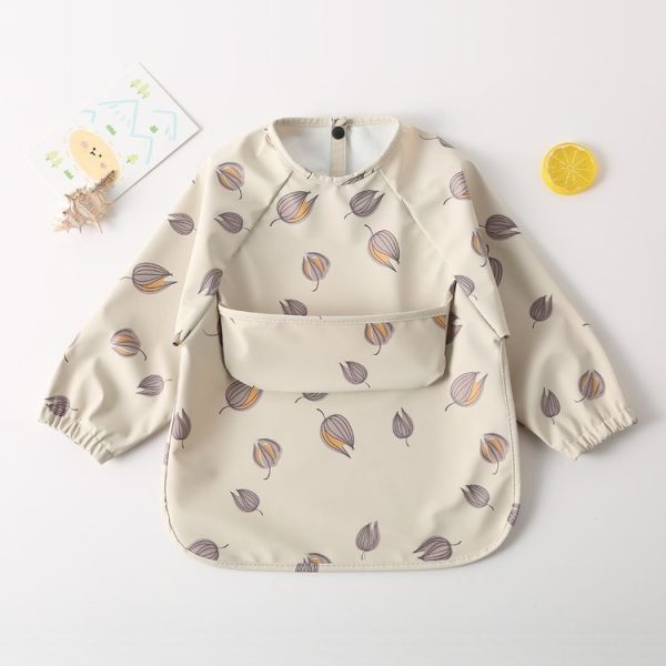 Long Sleeved Baby Soft PU Bib Waterproof Washable Easy Clean Smock With Pocket, Size: S (Dragon Fruit)