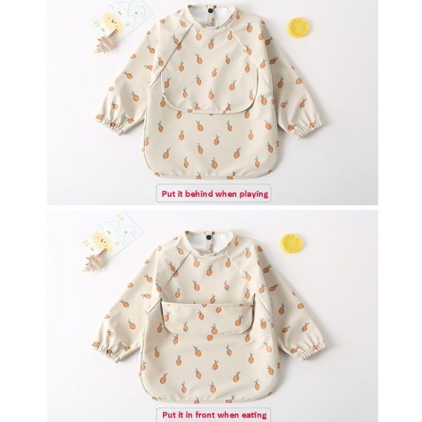 Long Sleeved Baby Soft PU Bib Waterproof Washable Easy Clean Smock With Pocket, Size: S (Dragon Fruit) - Image 4