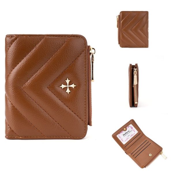 Baellerry N2401 PU Leather Short Wallet with Multiple Card Slots Cross Flower Zipper Coin Purse (Brown)