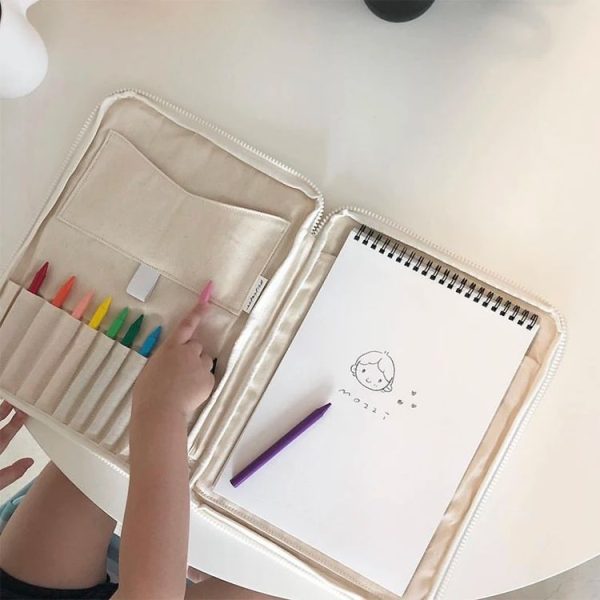 Children Canvas Paintbrush Storage Bag Crayon Organizer Drawing Board Pouch Without Stationeries (Beige) - Image 8