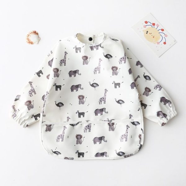 Long Sleeved Baby Bib Waterproof Washable Easy Clean Smock With Pocket, Size: S (Animals)