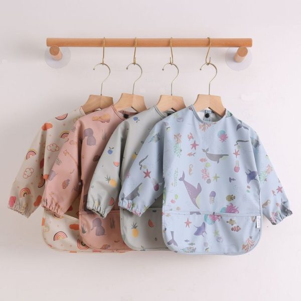 Long Sleeved Baby Bib Waterproof Washable Easy Clean Smock With Pocket, Size: S (Animals) - Image 2