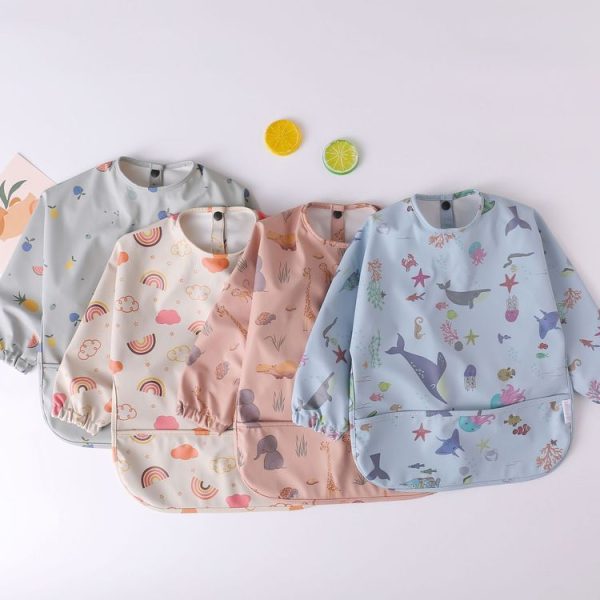 Long Sleeved Baby Bib Waterproof Washable Easy Clean Smock With Pocket, Size: S (Animals) - Image 3