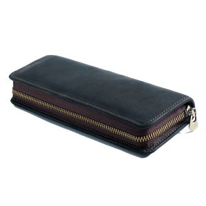 Retro Crazy Horse Leather Square Pencil Case Genuine Leather Zipper Pen box (Black)