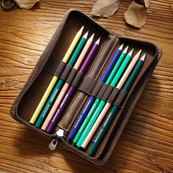 Retro Crazy Horse Leather Square Pencil Case Genuine Leather Zipper Pen box (Black) - Image 2