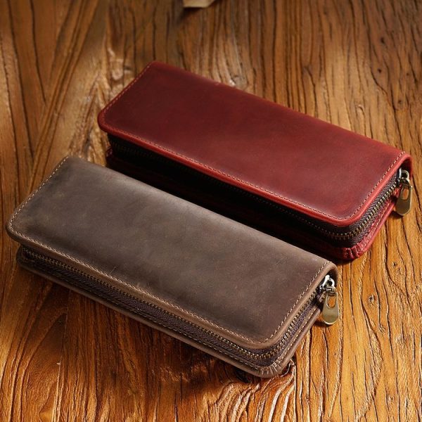 Retro Crazy Horse Leather Square Pencil Case Genuine Leather Zipper Pen box (Black) - Image 3