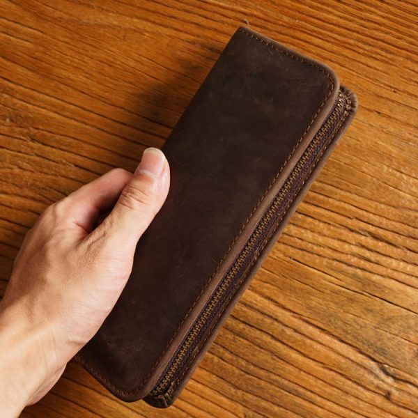 Retro Crazy Horse Leather Square Pencil Case Genuine Leather Zipper Pen box (Black) - Image 4
