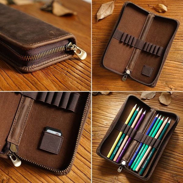 Retro Crazy Horse Leather Square Pencil Case Genuine Leather Zipper Pen box (Black) - Image 5