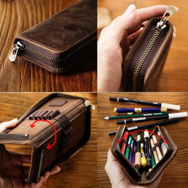 Retro Crazy Horse Leather Square Pencil Case Genuine Leather Zipper Pen box (Black) - Image 6