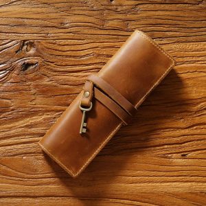 Retro Genuine Leather Pen Curtain Pencil Case Tie Rope With Key (Crazy Horse Brown)