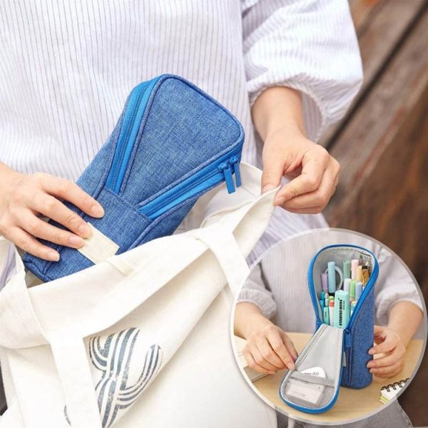 Large Capacity Upright Pencil Case Portable Office Exam Stationery Bag (Blue) - Image 6