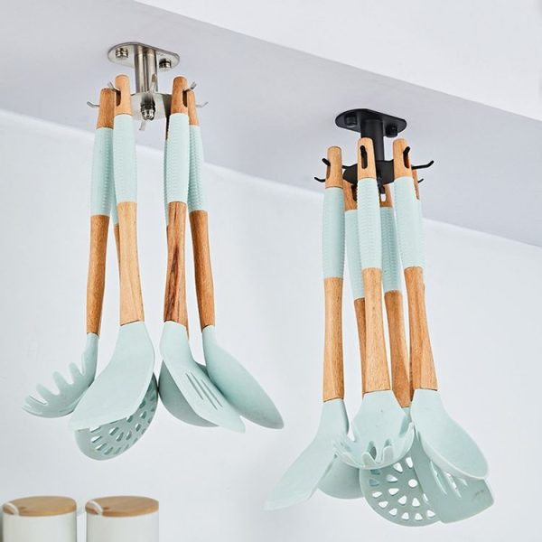 Rotating Hook Kitchen Shelf No-Punch Hanging Kitchenware Storage Shelf, Color: Black - Image 2