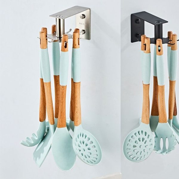 Stainless Steel Kitchen Shelf No-Punch 360 Degree Rotary Multi-Functional Kitchenware Storage Hooks, Color: Black - Image 2